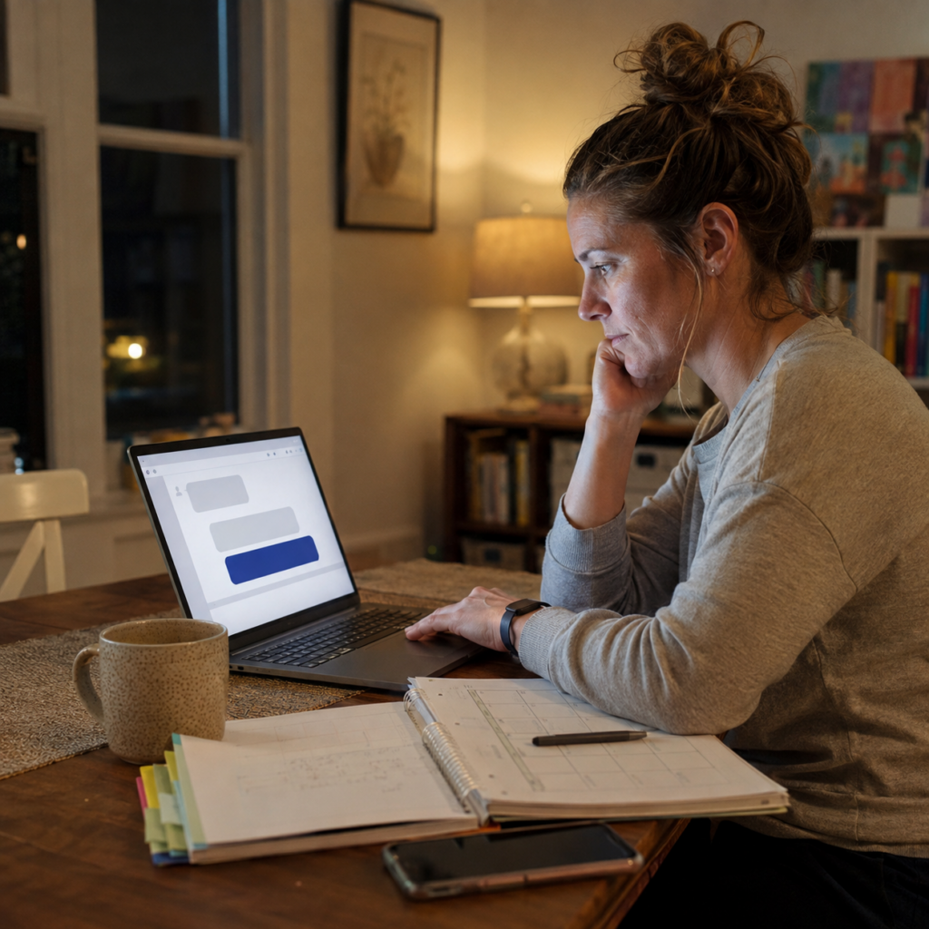 A woman works on a laptop at a dining table at night with an open planner, pen, coffee mug, sticky notes, and smartphone nearby.