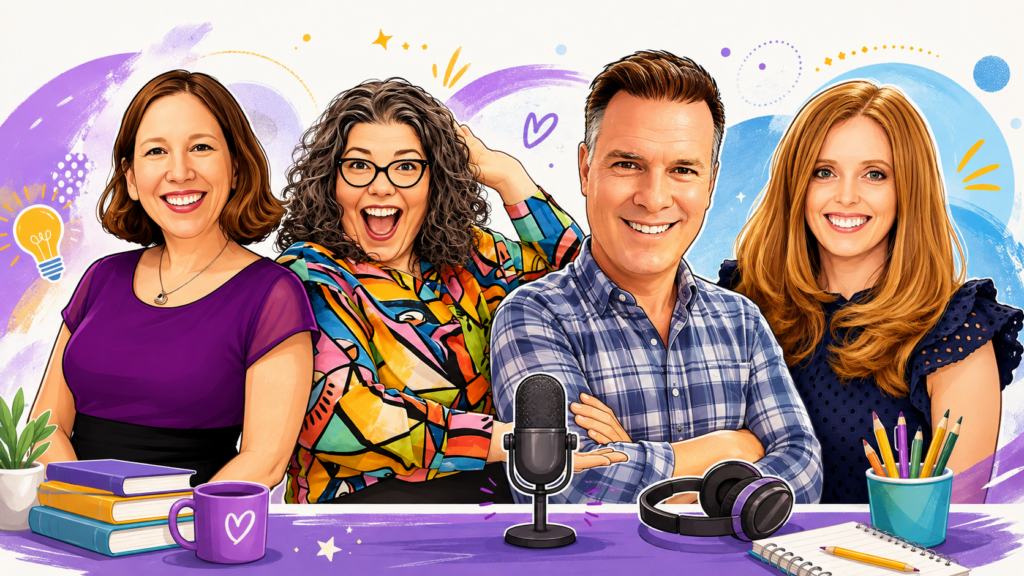 Wide, colorful banner illustration of four smiling podcast hosts shown from the waist up in a fun caricature style. From left to right are a woman in a purple top, an excited woman with curly hair, glasses, and a bright multicolor blouse, a man in a blue plaid shirt, and a woman with long auburn hair in a navy top. They stand behind a desk with a microphone in the center, headphones, books, a mug, pencils, a notebook, and a small plant. The white background is filled with playful purple, blue, and yellow swirls, dots, stars, and doodles, giving the banner a cheerful, creative podcast feel.