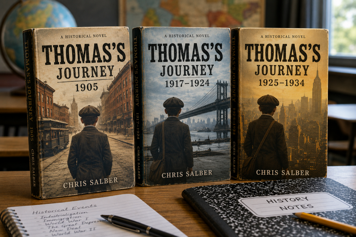 Three books from Chris Salber’s Thomas’s Journey historical series stand upright on a wooden desk, covering 1905, 1917–1924, and 1925–1934, with notebooks, a pen, and a globe arranged around them.