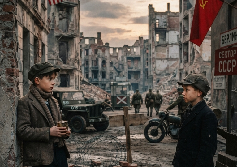 Two boys face one another on a rubble-strewn street in a war-damaged city, with American and Soviet flags hanging from ruined buildings as soldiers, military vehicles, and an aircraft appear in the background.