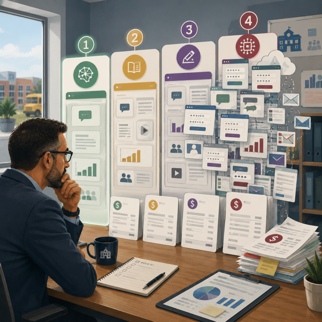 Education leader reviews a four-stage AI adoption framework progressing from simple assistance to increasingly complex automated workflows, with costs and administrative demands shown below.