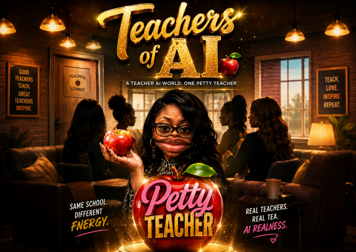 Promotional graphic for Teachers of AI featuring the Petty Teacher character holding a red apple in a warmly lit teachers’ lounge.