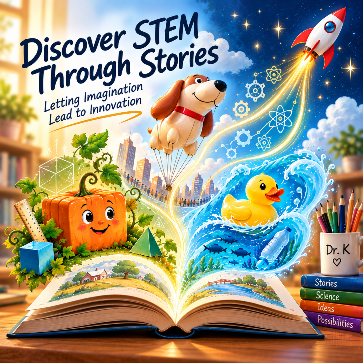 Colorful illustration of an open book launching STEM ideas, including a square pumpkin, parade balloon, rubber duck in ocean waves, and a rocket, with the title “Discover STEM Through Stories.”