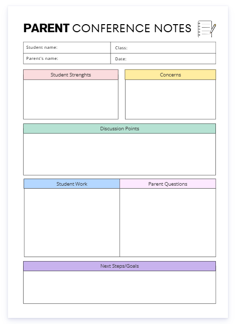 Image of a sample Parent Conference Notes planner.