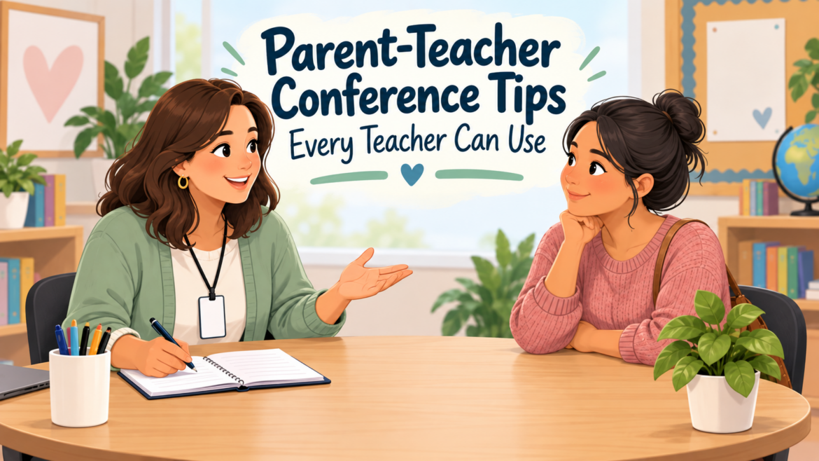 Teacher and parent having a positive conversation at a classroom table beneath the title “Parent-Teacher Conference Tips Every Teacher Can Use.”
