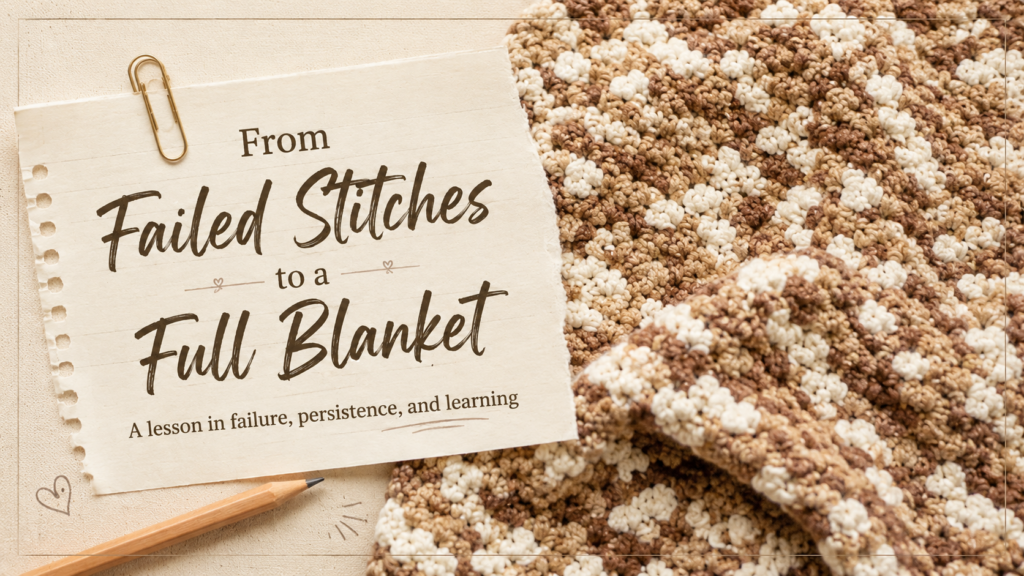 A warm, textured graphic shows a brown-and-cream crocheted blanket filling the right side of the image. On the left, a torn sheet of notebook paper clipped with a gold paper clip reads, “From Failed Stitches to a Full Blanket” with the subtitle, “A lesson in failure, persistence, and learning.” A pencil rests at the bottom, reinforcing the reflective, handmade theme.