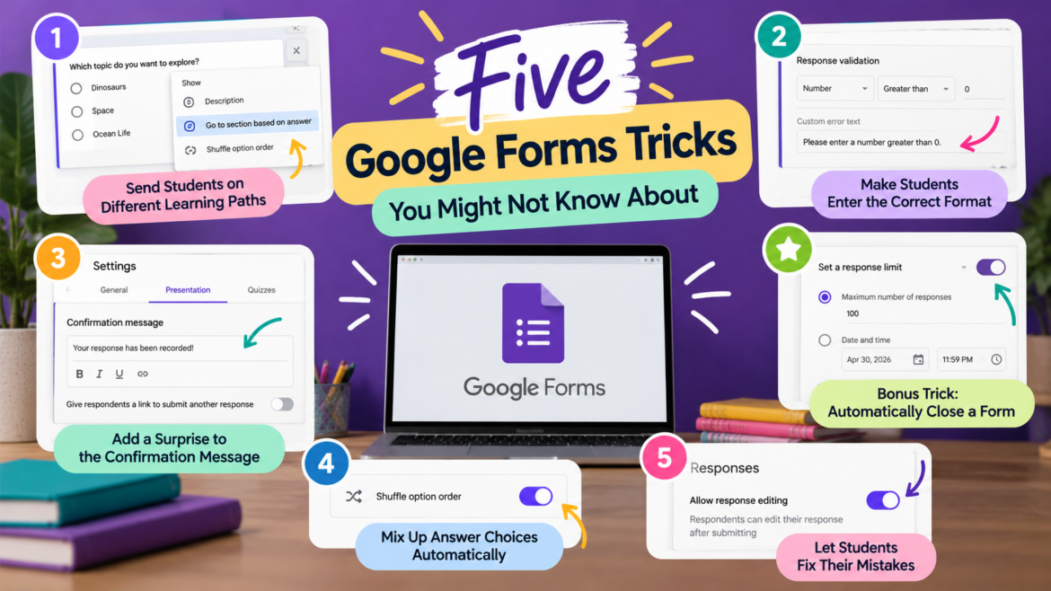 Colorful Google Forms graphic highlighting five lesser-known features and a bonus trick for automatically closing forms.
