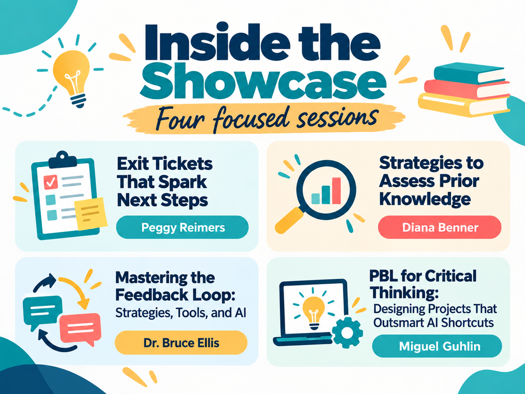 Infographic highlighting four TCEA Pedagogy Showcase sessions on exit tickets, assessing prior knowledge, feedback strategies and AI, and project-based learning for critical thinking.